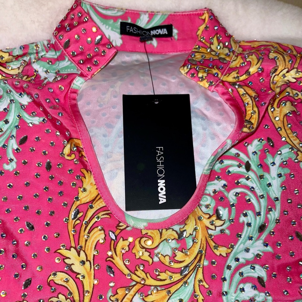 Rhinestone Two Piece Bodycon Fashion Nova Size Small Pink Green Gold Costume